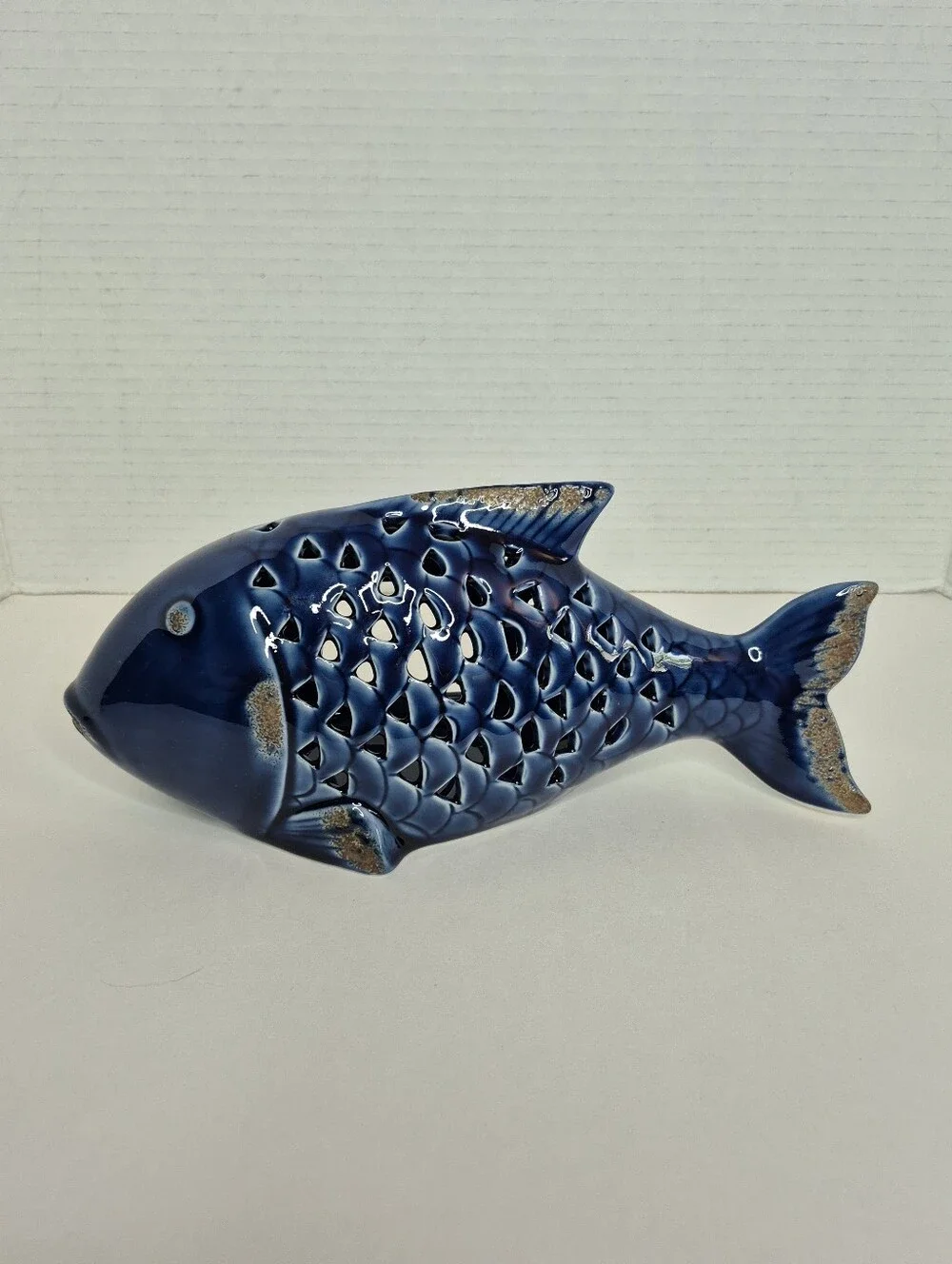 Pier 1 Vintage Cobalt Blue Ceramic Large Fish Tealight Candleholder NWT Rare